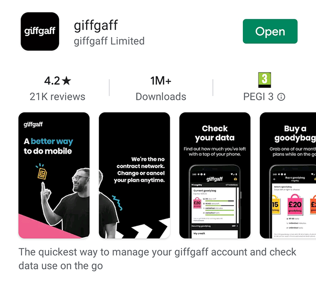The giffgaff app in the android playstore