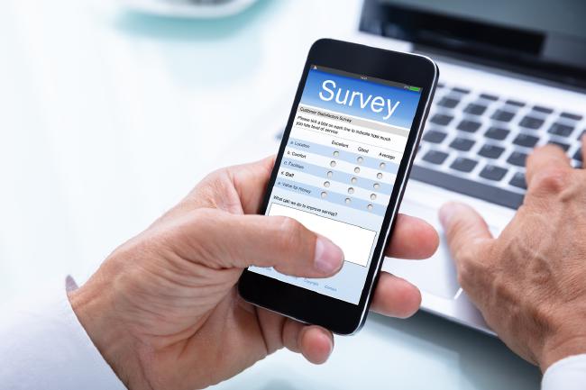 A phone held in someone's hand. You can see they're doing an online survey