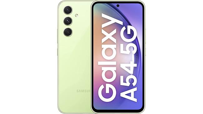 Two sides of the Samsung Galaxy A54 5G in pale yellow