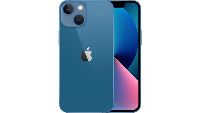 Both sides of the iPhone 13 mini in blue in a sea blue colour
