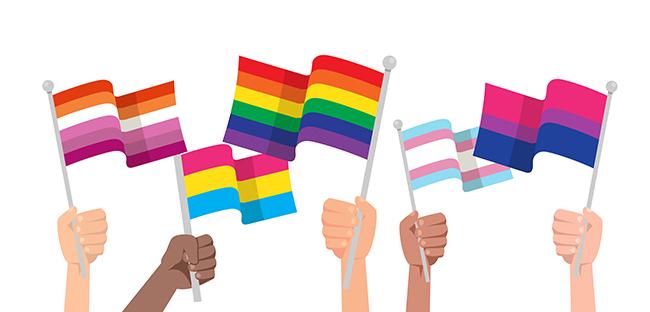 Graphic of several hands holding up pride flags. From left to right the flags are lesbian, pansexual, gay, transgender and bissexual