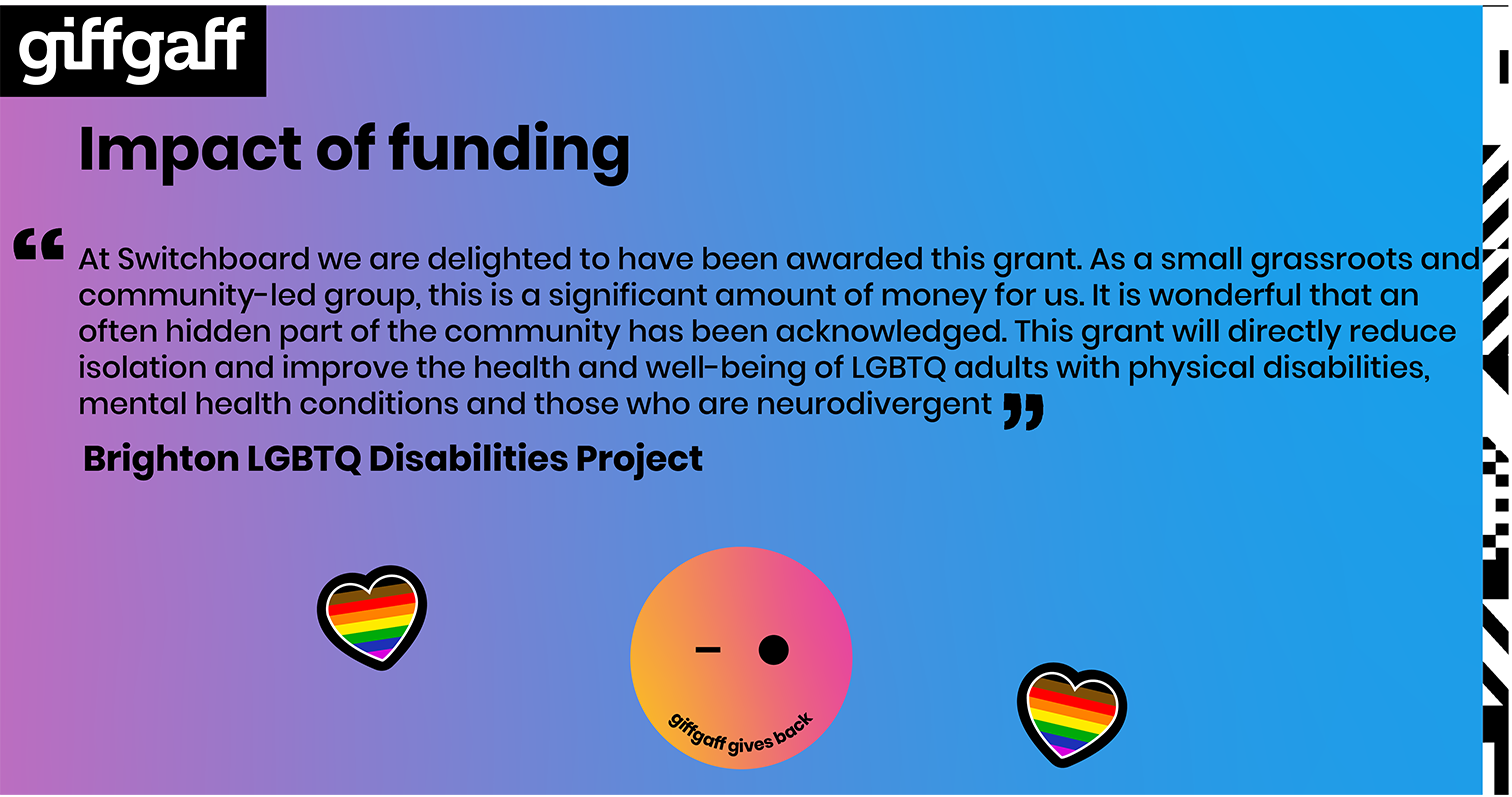 At Switchboard we are delighted to have been awarded this grant. As a small grassroots and community-led group, this is a significant amount of money for us. It is wonderful that an often hidden part of the community has been acknowledged. This grant will directly reduce isolation and improve the health and well-being of LGBTQ adults with physical disabilities, mental health conditions and those who are neurodivergent.