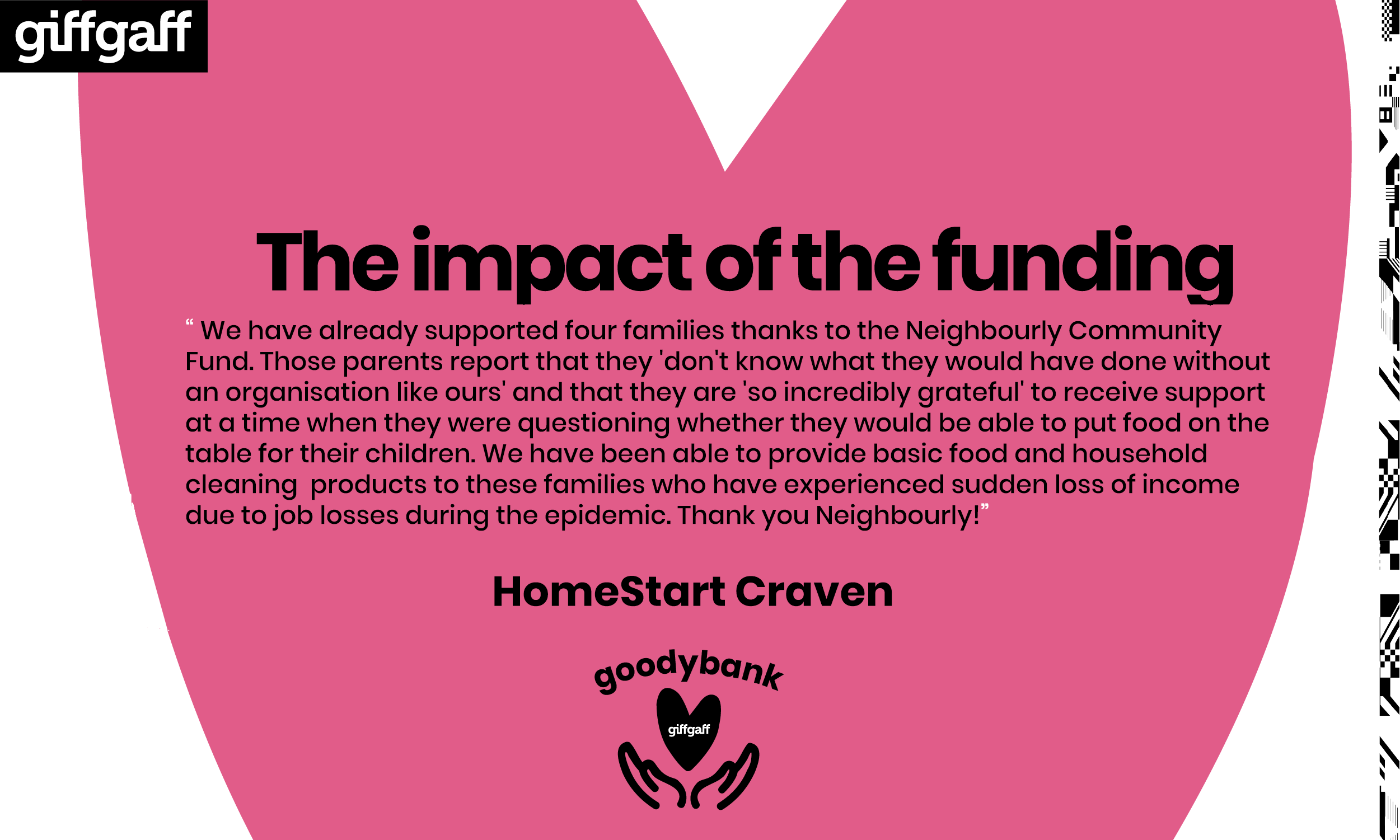 We have already supported four families thanks to the Neighbourly Community Fund. Those parents report that they 'don't know what they would have done without an organisation like ours' and that they are 'so incredibly grateful' to receive support at a time when they were questioning whether they would be able to put food on the table for their children. We have “been able to provide basic food and household cleaning products to these families who have experience sudden loss of income due job losses during this epidemic. thank you Neighbourly.
