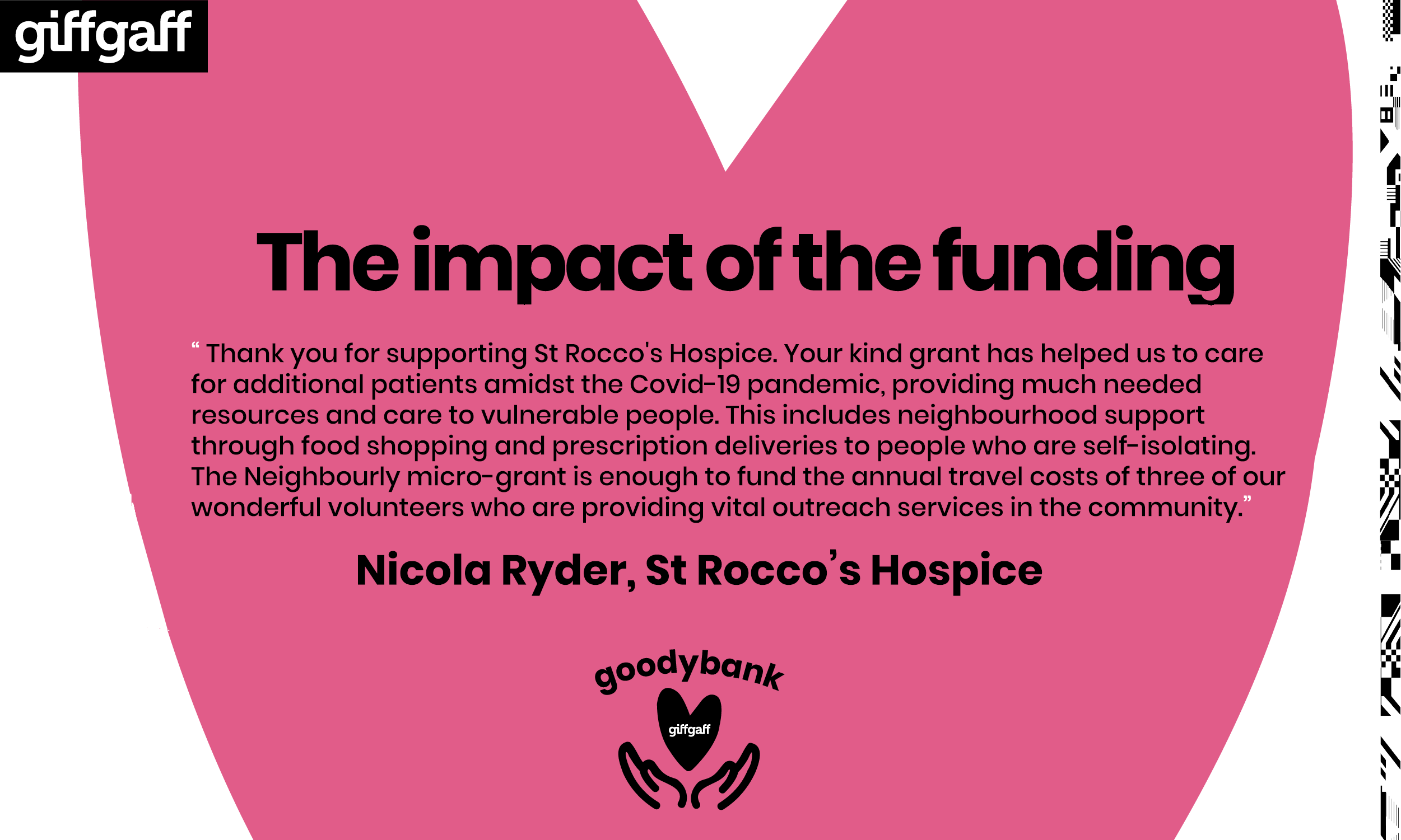 Thank you for supporting St Rocco's Hospice. Your kind grant has helped us to care for additional patients amidst the Covid-19 pandemic, providing much needed resources and care to vulnerable people. This includes neighbourhood support through food shopping and prescription deliveries to people who are self-isolating. The Neighbourly micro-grant is enough to fund the annual travel costs of three of our wonderful volunteers who are providing vital outreach services in the community.