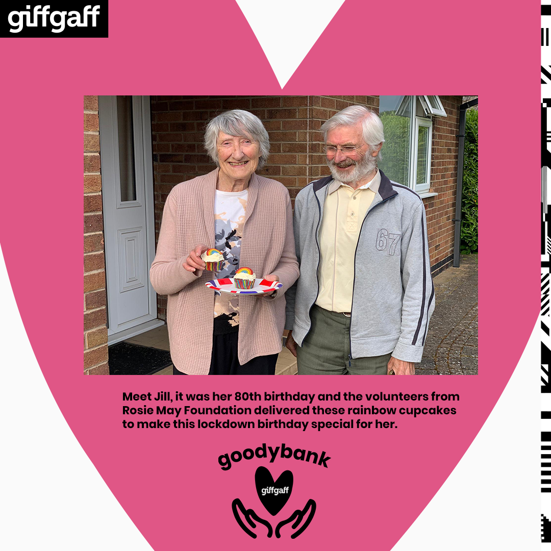 Meet Jill it was her 80th birthday and the volunteers from Rosie May Foundation delivered these rainbow cupcakes to make her lockdown birthday special