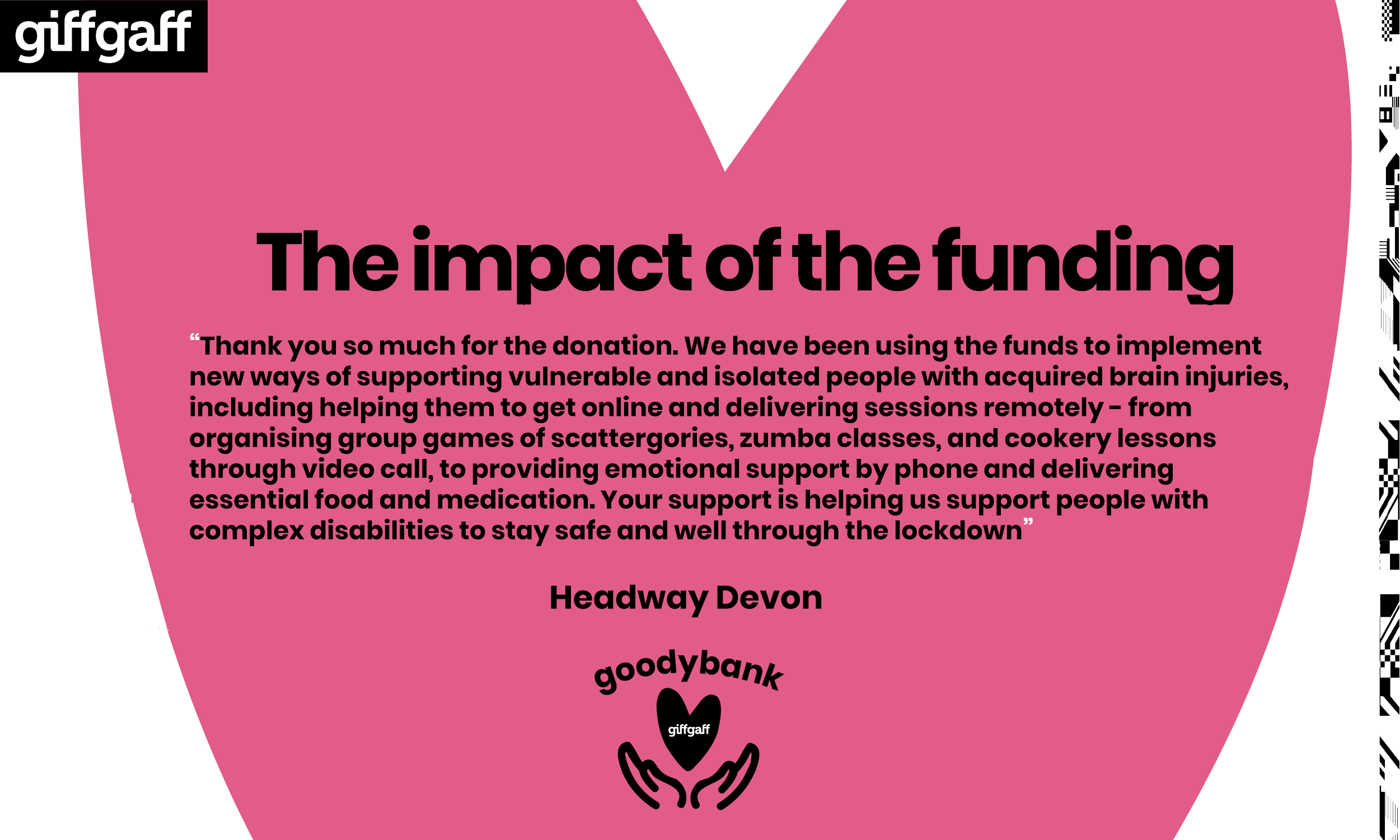 Thank you so much for the donation. We have been using the funds to implement new ways of supporting vulnerable and isolated people with acquired brain injuries, including helping them to get online and delivering sessions remotely - from organising group games of Scattergories, Zumba classes, and cookery lessons through video call, to providing emotional support by phone and delivering essential food and medication. Your support is helping us support people with complex disabilities to stay safe and well through the lockdown
