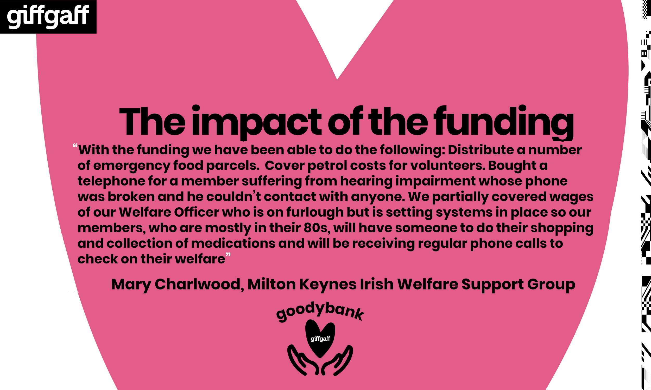 With the funding we have been able to do the following: Distributed a number of emergency food parcels. Cover petrol costs for volunteers Bought a telephone for a hard of hearing member whose phone was broken, meaning she had no means of contact with anyone. Partially covered wages of our Welfare Officer who is on furlough but is setting systems in place so our members, who are mostly in their 80's, will have someone to do their shopping/collection of medications, and receive regular phone calls to check on their welfare. Sending out birthday cards…to members whilst our Weekly Lunch Club is closed.