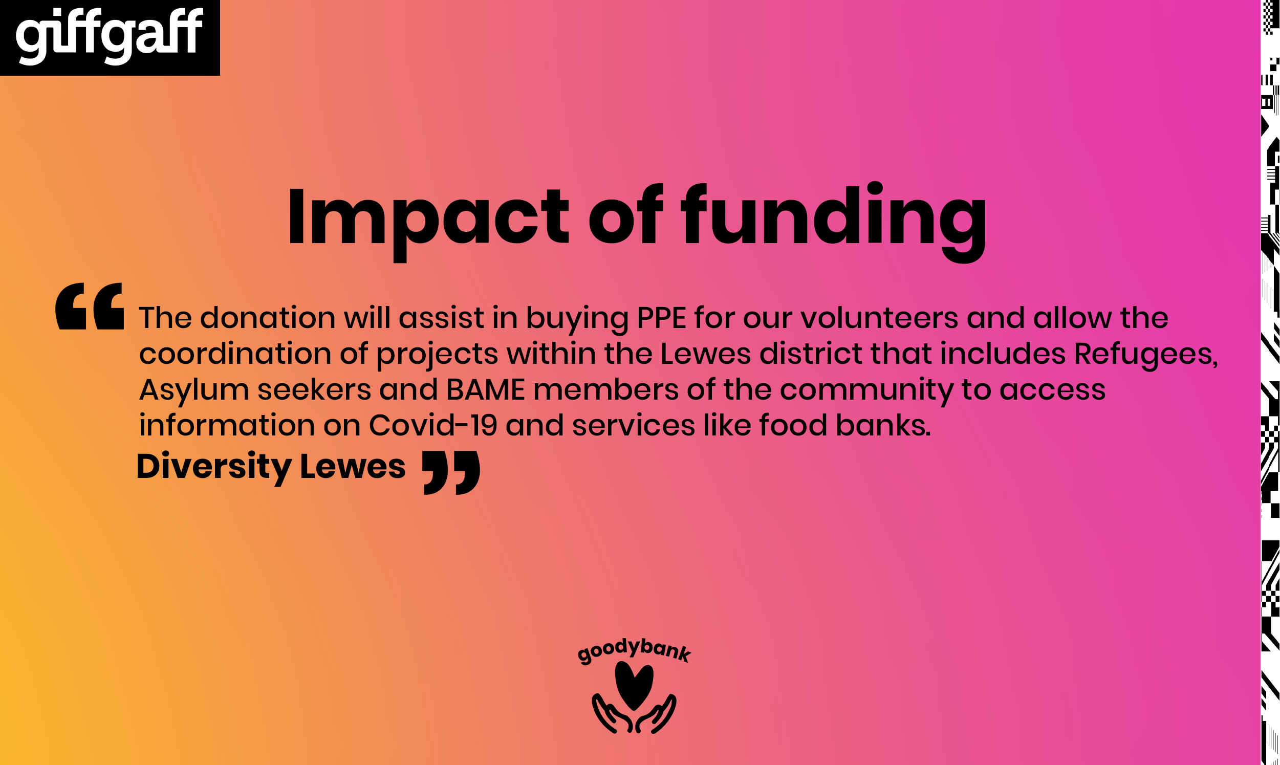 The donation will assist in buying PPE for our volunteers and allow the coordination of projects within the Lewes district that includes Refugees, Asylum seekers and BAME members of the community to access information on Covid-19 and services like food banks.