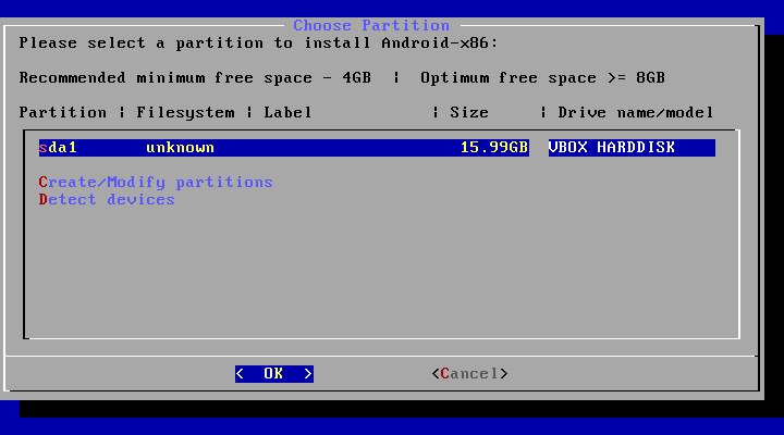 Android x86 choose partition