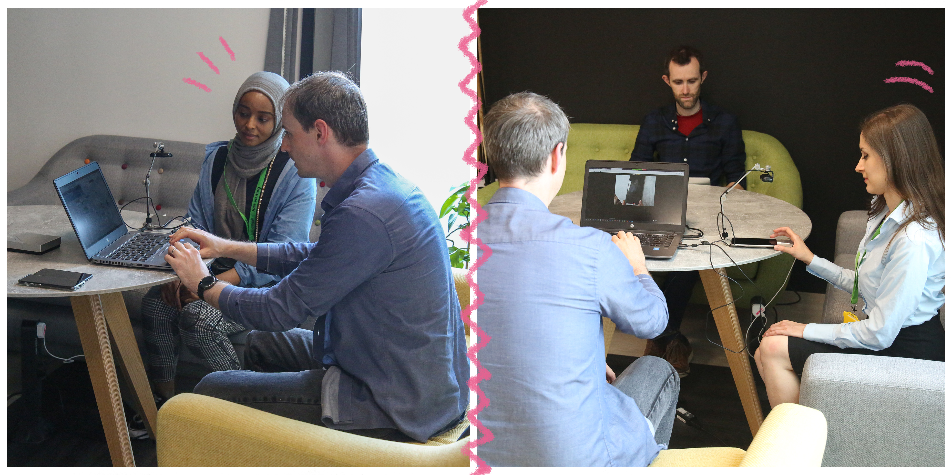 giffgaff member’s Nadia and Alexandra testing the new community platform with product owner, Alex.