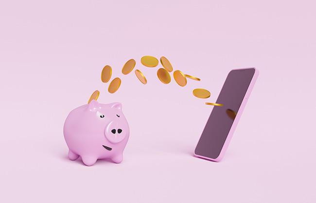 Coins coming out of a phone and into a piggy bank.