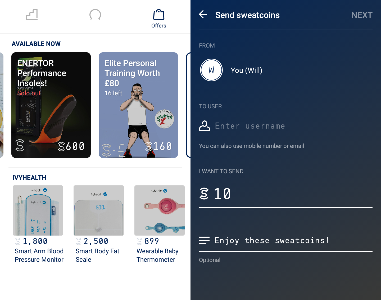 Sweatcoin Screenshot: 2017 Offers And Send Coins