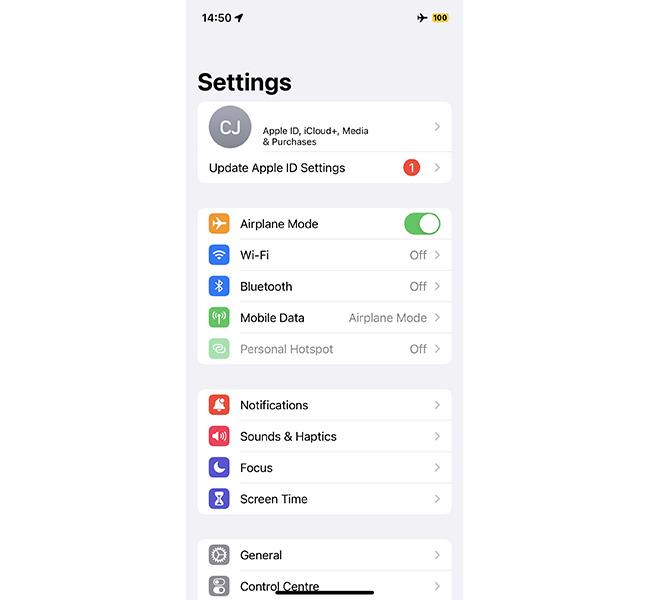 iphone settings with airplane mode switched on
