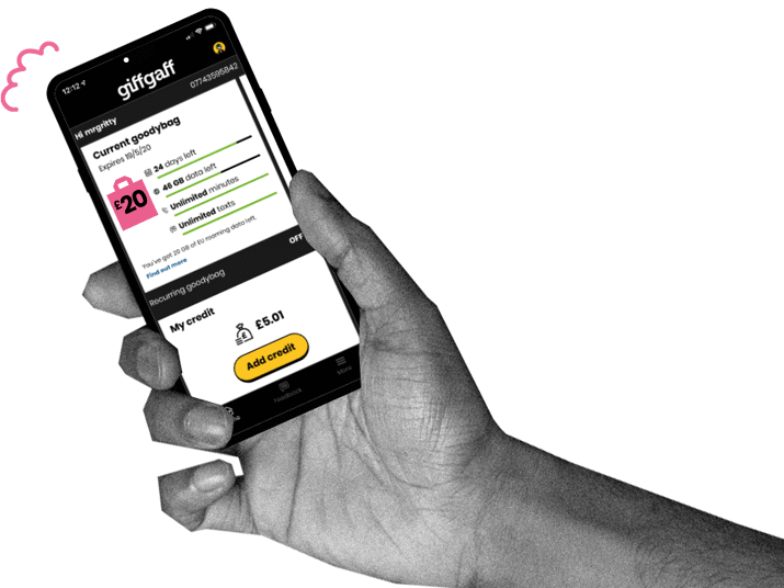 a hand holding a phone with the giffgaff app screen